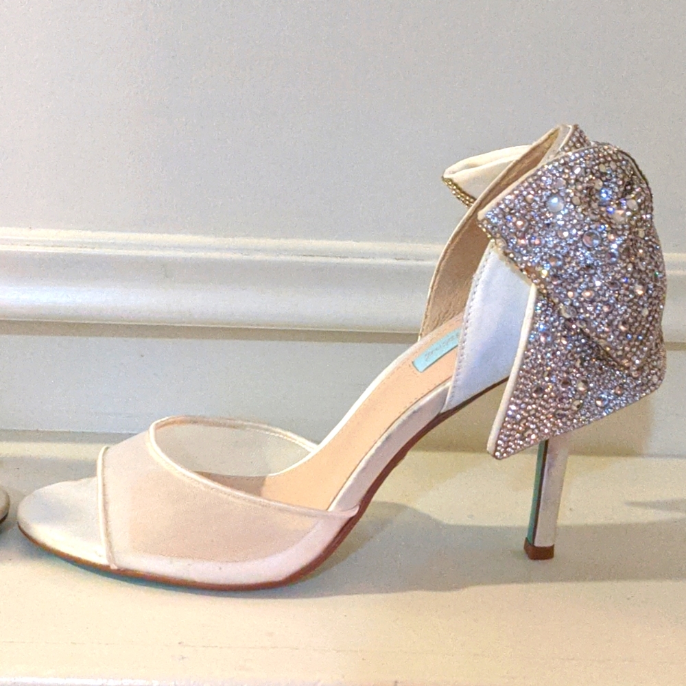 White Betsy Johnson Rhinestone Bow Heels